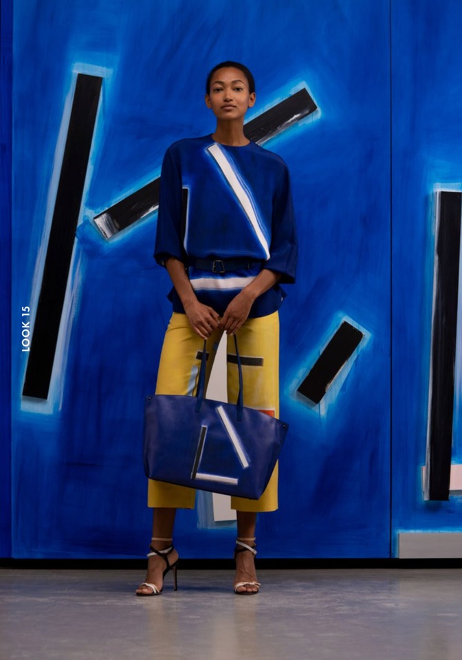 Blue Angel print silk crêpe oversized blouse, Yellow E.T. print double-face cotton silk pant, Ai medium shoulder bag in Blue Angel partial 3D print softcalf, Ocean belt in softcalf with trapezoid buckle