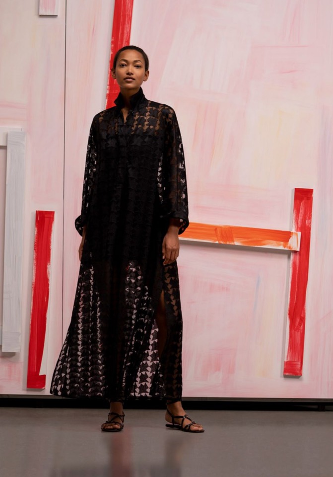 Black Kinderstern embroidery on tulle long dress with kimono sleeve